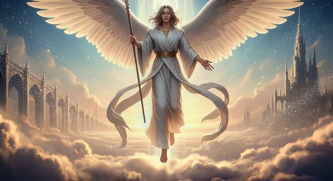 angelic winged guardian above heavenly city in radiant light