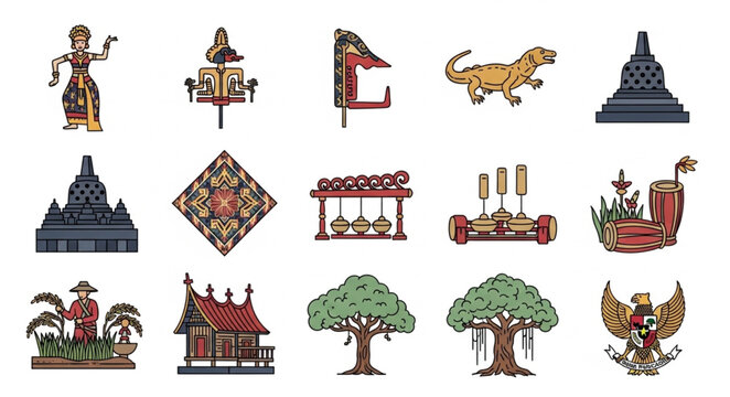 Collection of Indonesian Cultural Symbols and Icons Depicting Heritage.