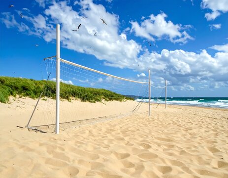 A serene beach volleyball court on a sunny day