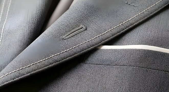 Close-up of a sophisticated grey suit jacket, showing texture, stitching, and buttonhole detail