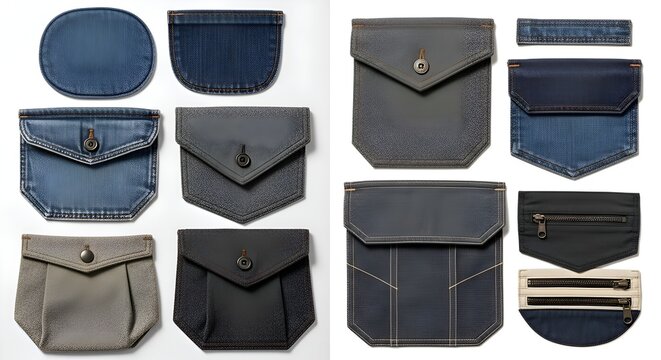 Collection of denim and fabric pockets, various shapes and designs