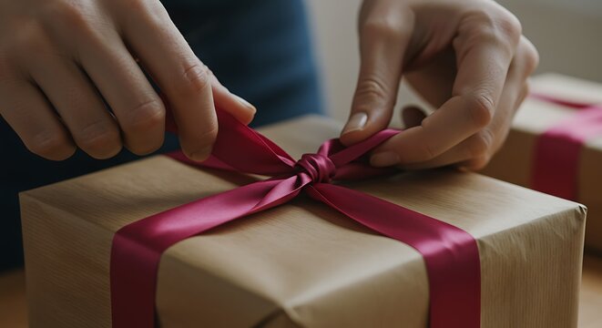 Hands tying a ribbon bow around a gift box close up shot