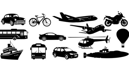 Transportation icons set vector illustration of cars trucks buses trains planes taxis vans and vehicles travel symbols simple design icons © Rizky