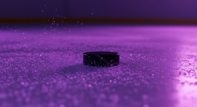 Hockey puck on ice surface illuminated with purple lighting