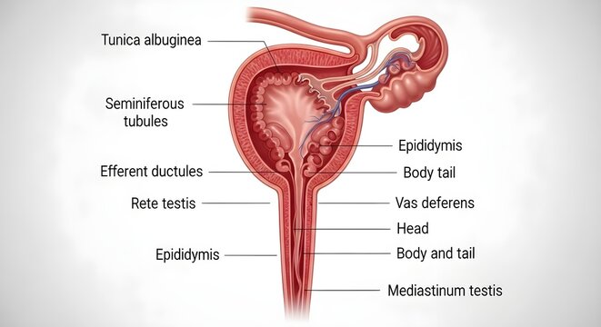 Cross‑sectional anatomical illustration of the human testis showing tunica albuginea, seminiferous tubules, rete testis, efferent ductules, epididymis head, body and tail, plus vas deferens pathway fo
