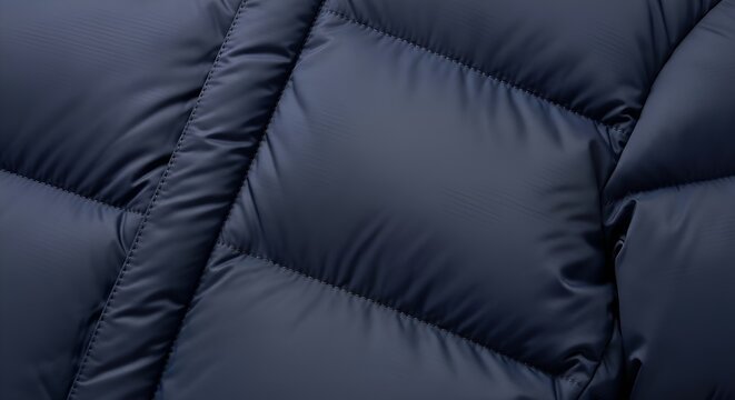 Close-up of navy blue quilted puffer jacket texture, winter clothing detail