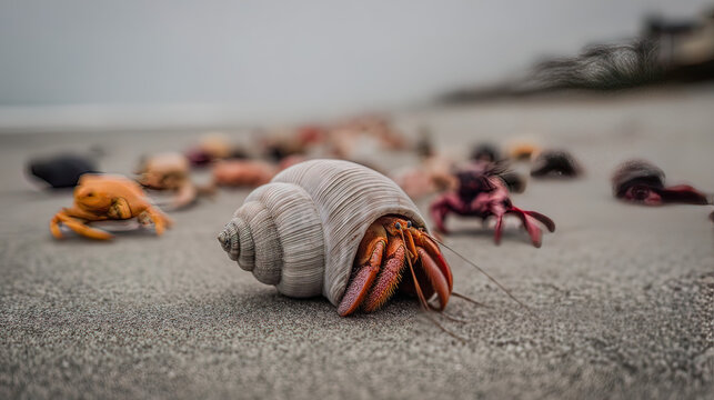 occupying. Hermit crab occupying an oversized shell, other crabs nearby in shallow tide pools. wildlife magazines, conservation campaigns, designed for eco-tourism storytelling.
