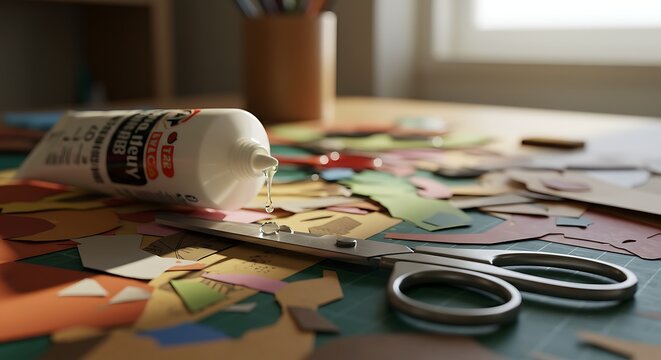 Scissors and glue on a table with colorful paper cutouts for crafts