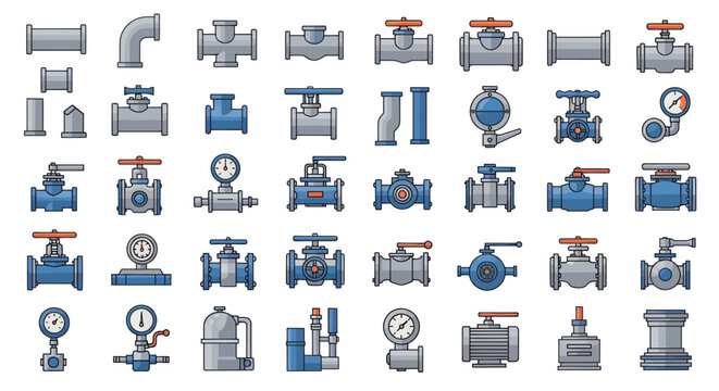 Plumbing Pipe Fittings and Valves Collection - Industrial Hardware Icons