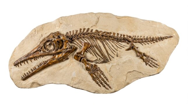 Fossilized skeleton of ichthyosaur reptile