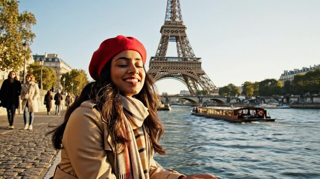 A woman with a red beret and beige coat gazes toward the Eiffel Tower beside the Seine, smiling now