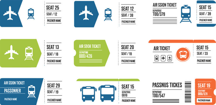 Modern transport ticket templates vector set including airplane, train and bus boarding passes with seat numbers and barcode design elements isolated on white background