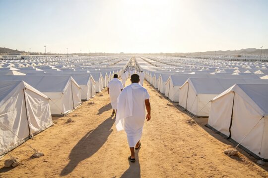 Muslim Pilgrim Walking Through Mina Tent City