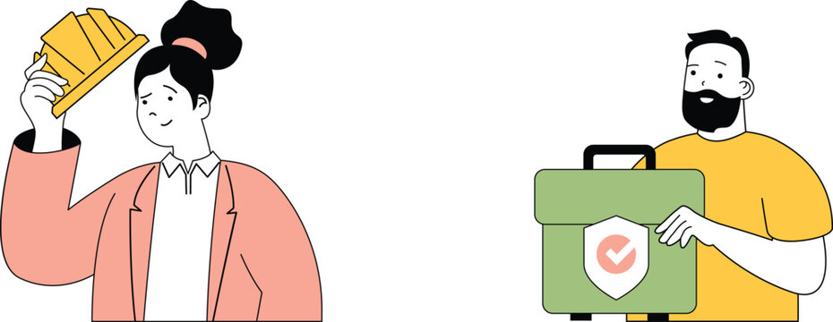 Woman holding fries while man presents secure briefcase with checkmark badge symbolizing trust and food delivery safety