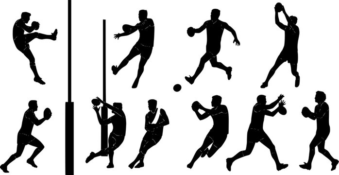 black and white vector illustration Afl Silhouette, Afl Svg, Australian rules football svg, Australian rules football silhouette, Australian afi clipart, Afi vector set 

