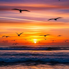 Fototapeta premium Seagulls flying over ocean at sunset.