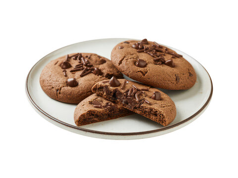 Chocolate chip cookies on a white plate isolated on a transparent background