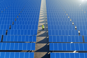 Technician inspecting large solar panel array for clean energy
