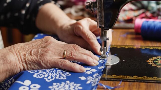Elderly hands skillfully operate a vintage sewing machine with blue fabric