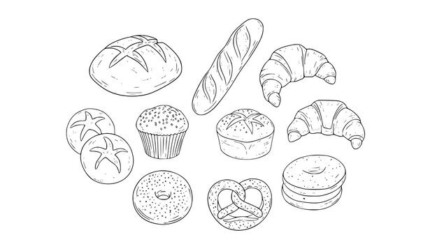 Hand drawn bakery food collection with artisan bread croissant baguette muffin pretzel bagel and buns isolated on white