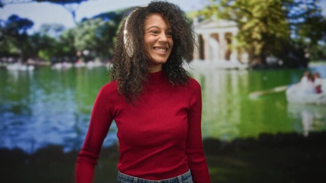 Teenage woman with headphones pumps clenched fists and smiles wearing a red sweater in studio set with lake pavilion scene; joy celebration.