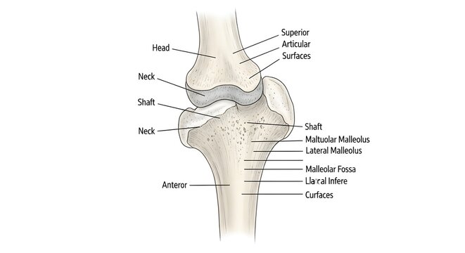 Anatomical illustration of the fibula showing head, neck, shaft, lateral malleolus, articular facets and surfaces at proximal and distal ends, emphasizing slender lateral leg bone structure for muscul