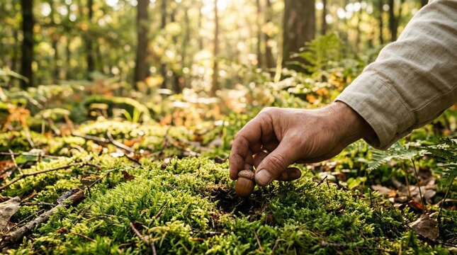 Hand planting oak acorn in mossy forest soil