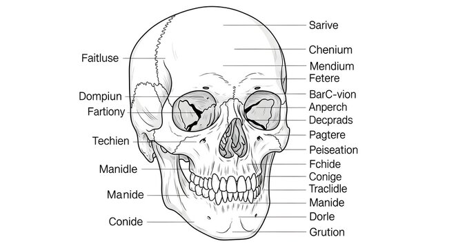 Anterior line drawing of the human skull with labeled cranial and facial bones, emphasizing orbital margins, nasal aperture, maxilla, mandible, zygomatic and frontal regions to support detailed osteol