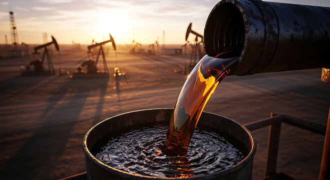 Crude oil flowing from a pipeline into a storage tank at an oil field with pumpjacks at sunset.