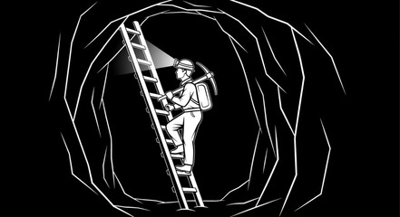 Miner Ascending Ladder in Dark Mine Shaft Illustration. © Verli