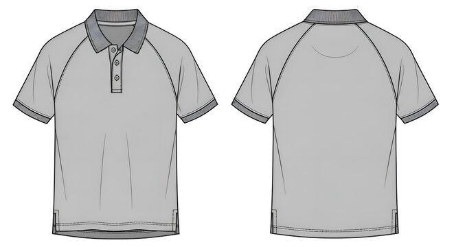 Grey Polo Shirt Template, Front and Back View, Raglan Sleeves, Fashion Design