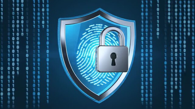 Cyber security concept shield and lock with digital fingerprint and binary code protection technology high tech data privacy and network defense