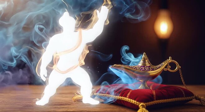 genie lamp on velvet cushion releasing blue purple smoke in magical night scene