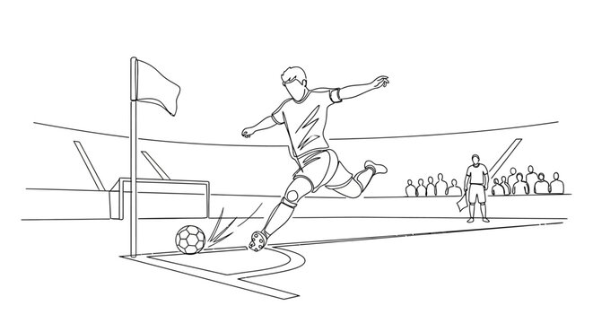 Football player kicking corner kick in stadium, hand-drawn sketch style