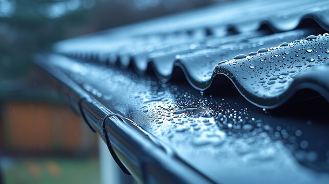 Water droplets on black roof gutter, showcasing rainwater collection and drainage. image captures beauty of nature elements interacting with home architecture