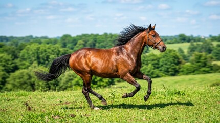Obraz premium Brown horse galloping freely across bright green pasture under sunny blue sky, tail streaming behind, joyful energy in a peaceful countryside landscape