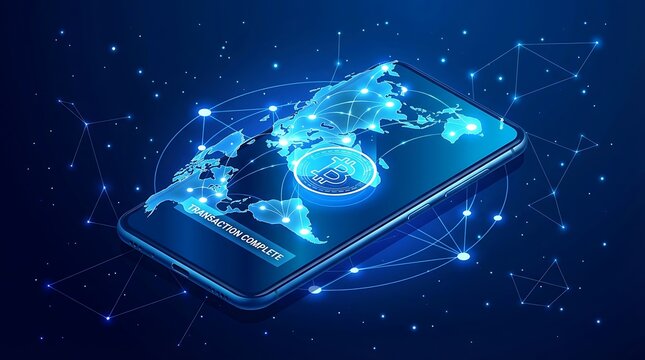 Global Bitcoin Cryptocurrency Transaction on Smartphone