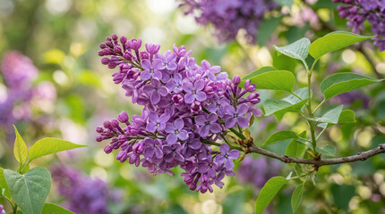 Obraz premium Blooming lilac branch with delicate purple flowers, close-up, soft natural light, spring background, fresh floral texture