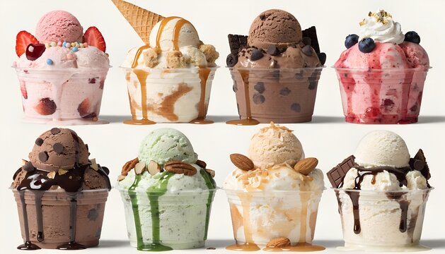A vibrant and inviting display of eight individual ice cream sundaes and cones, richly decorated with an abundance of diverse toppings, presented in clear cups on a bright white background.