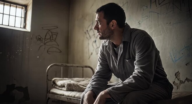 lonely man in a dilapidated room with barred window and empty bed