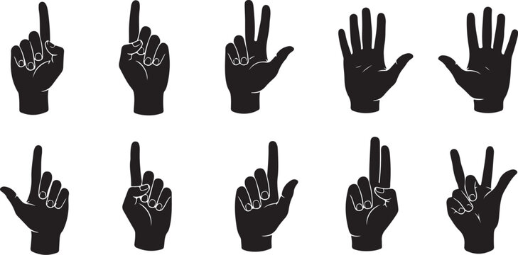 Hand gestures and finger counts in black silhouette style