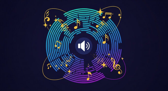 Vibrant audio wave music symbol with notes on dark background representing sound and melody