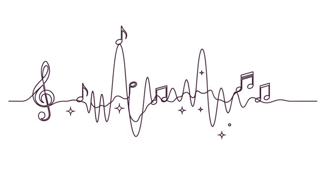 Music waveform with treble clef and notes on white background symbolizing harmony and melody in a minimalist style