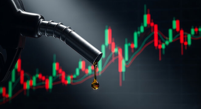 Fuel nozzle dripping oil with a financial candlestick chart in the background, illustrating energy market trends and price fluctuations.