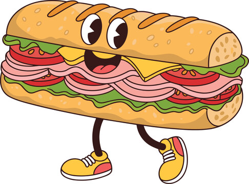 Cartoon sandwich character vector illustration with ham, cheese, and lettuce, in vintage rubber hose style