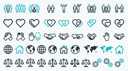 Obraz premium Social Responsibility and Partnership Icon Collection Featuring Hearts, Handshakes, and Global Ethics