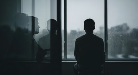 Fototapeta premium A silhouette of a man sitting by a window, with reflections of himself visible on the glass, creating a sense of introspection and loneliness.