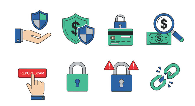 Online Security and Financial Protection Icons: Shield, Credit Card, Money, Scam Report, Lock, Broken Chain