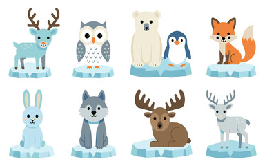 Obraz premium Cartoon animals standing on icebergs in a fun illustration