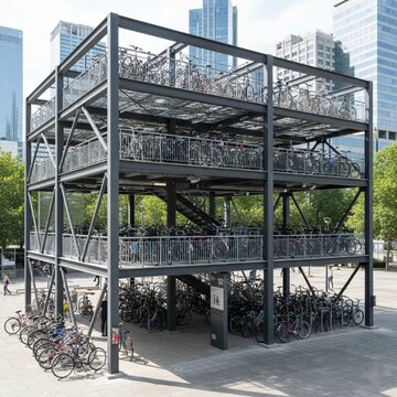 Multi-level metal bicycle parking structure in a modern city square. Sustainable urban transportation, eco-friendly commuting, and public infrastructure.